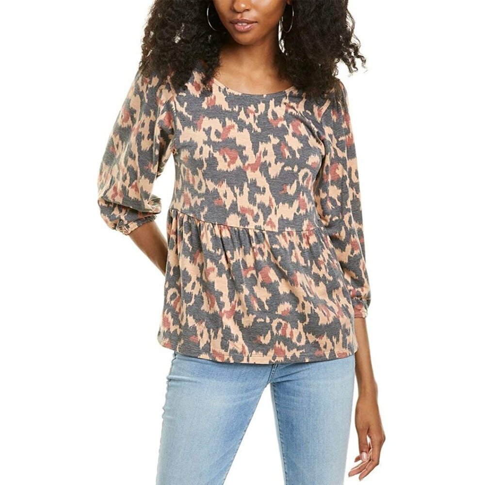 New Bobeau Small Babydoll Top Blouse Top Shirt Womens Brown Animal NWT
